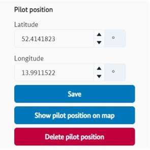 Cutout from the "Operational volumes" menu showing the section and buttons for saving and showing the pilot position.